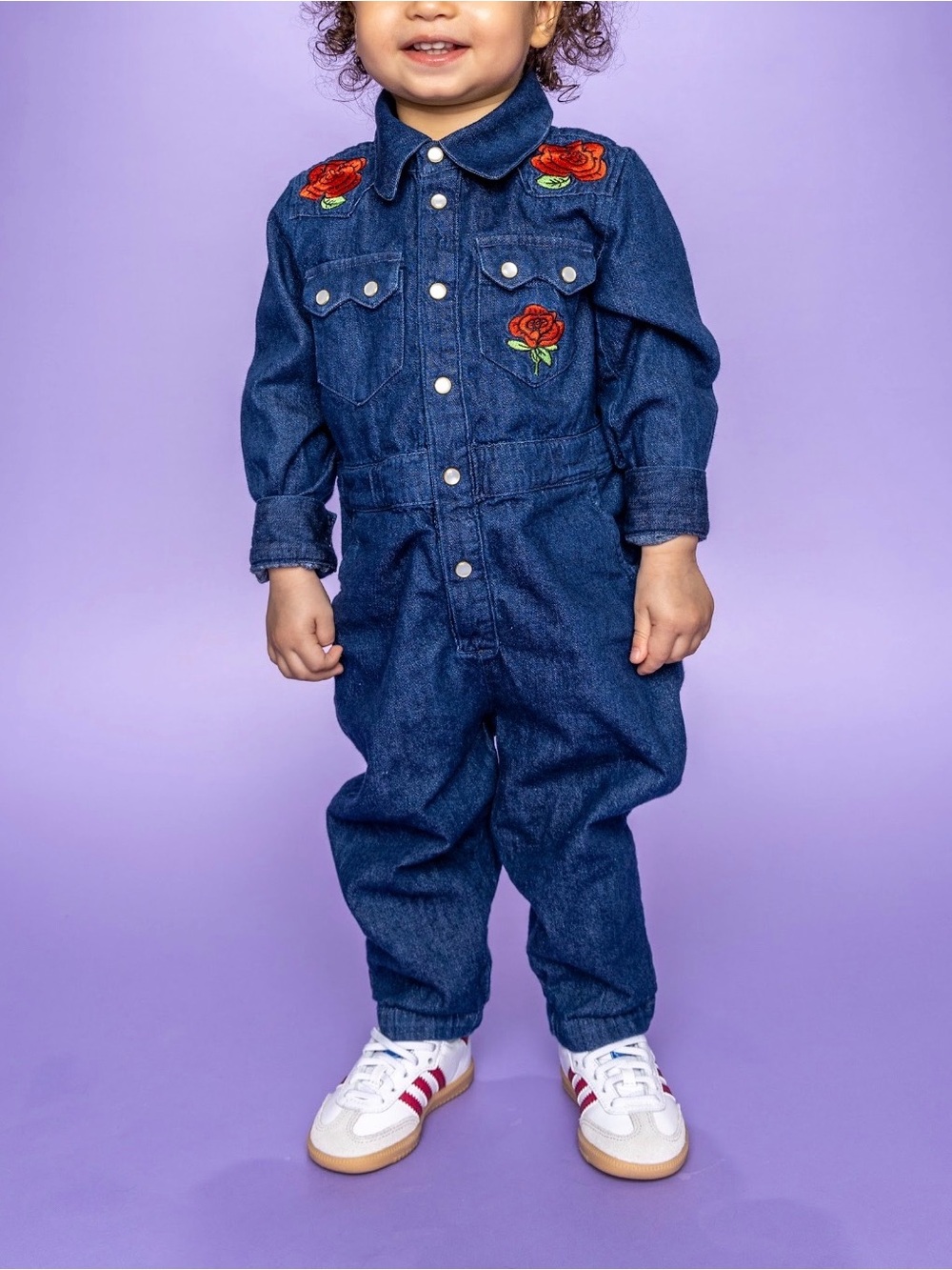 Mini Rodini Denim Jumpsuit with Red Rose Embroidery - Blue